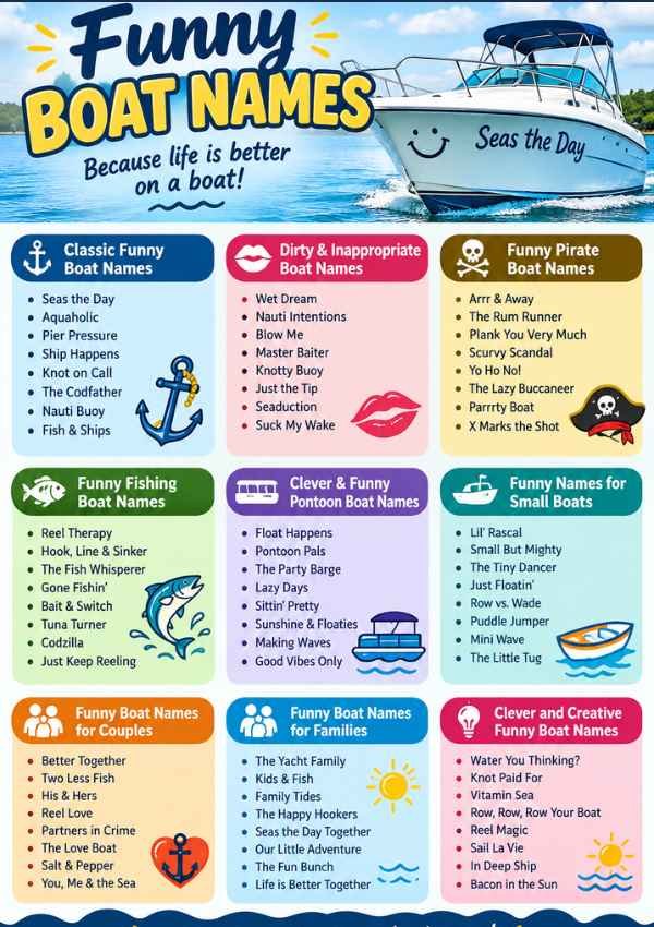 infograpic image for witty, clevery, punny and funny baot names ideas