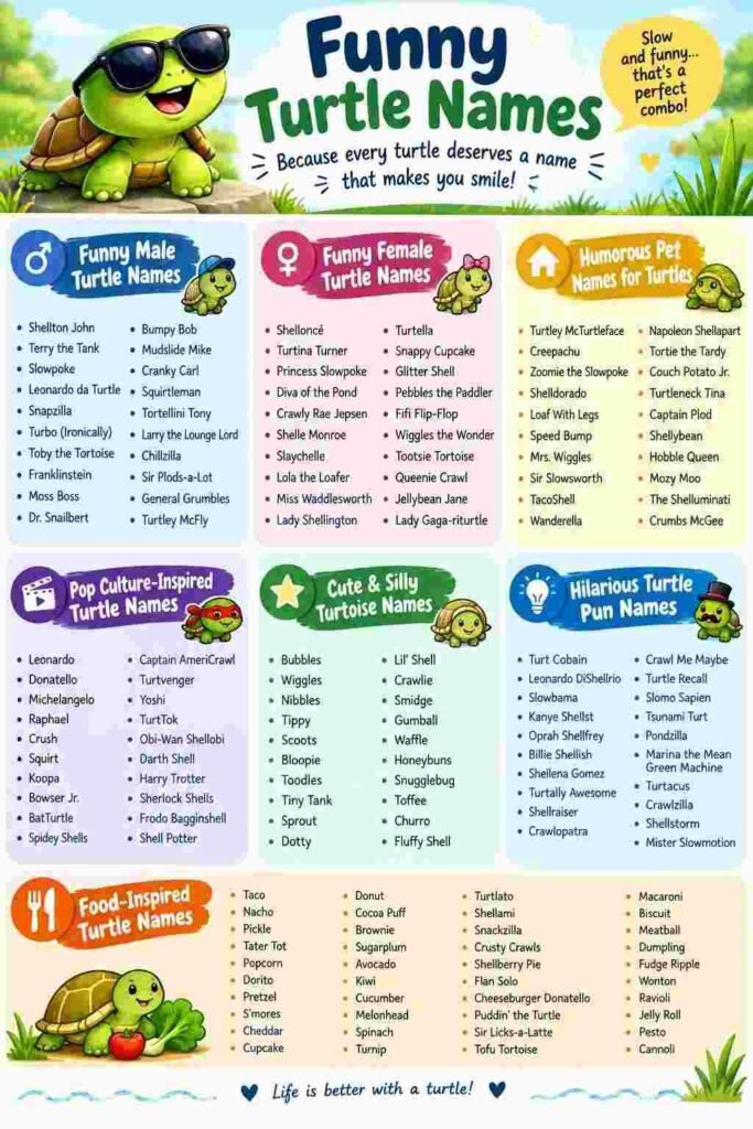 An infographic image for funny turtule names